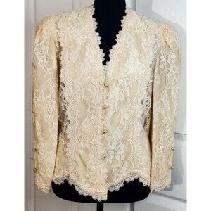 VTG Evie Womens Ivory Lace Blouse V-neck Pearl Button Front/Sleeves Sz L EUC